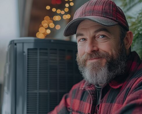 Male contractor, smiling, in front of HVAC