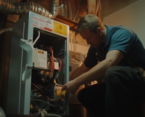 HVAC contractor working on a furnace