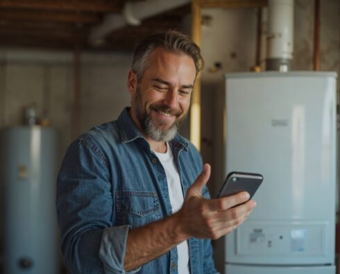 HVAC Contractor, reading news on smart phone