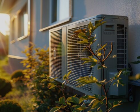 HVAC unit on side of house with tall plants