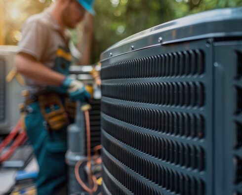 HVAC installer working on heat pump