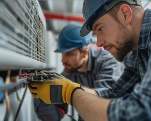 Young HVAC technicians working on AC unit