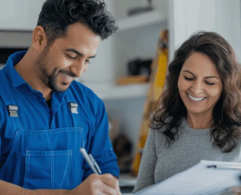 HVAC technician reviewing paperwork with homeowner